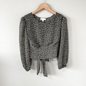 CHANCE Black & Floral Women's Long Sleeve Sheer Tie Back Cropped Blouse Large